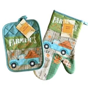 Thanksgiving Blue Farm Truck Oven Mitt Potholder Pumpkins Fall Set of 2